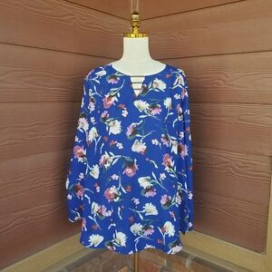 Apt. 9 Blue Floral Lattice-Trim Women's Blouse Size XXL Plus Size NWOT